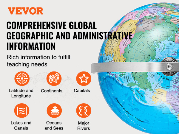 VEVOR illuminated world globe with comprehensive geographic information for teaching, featuring a detailed map.
