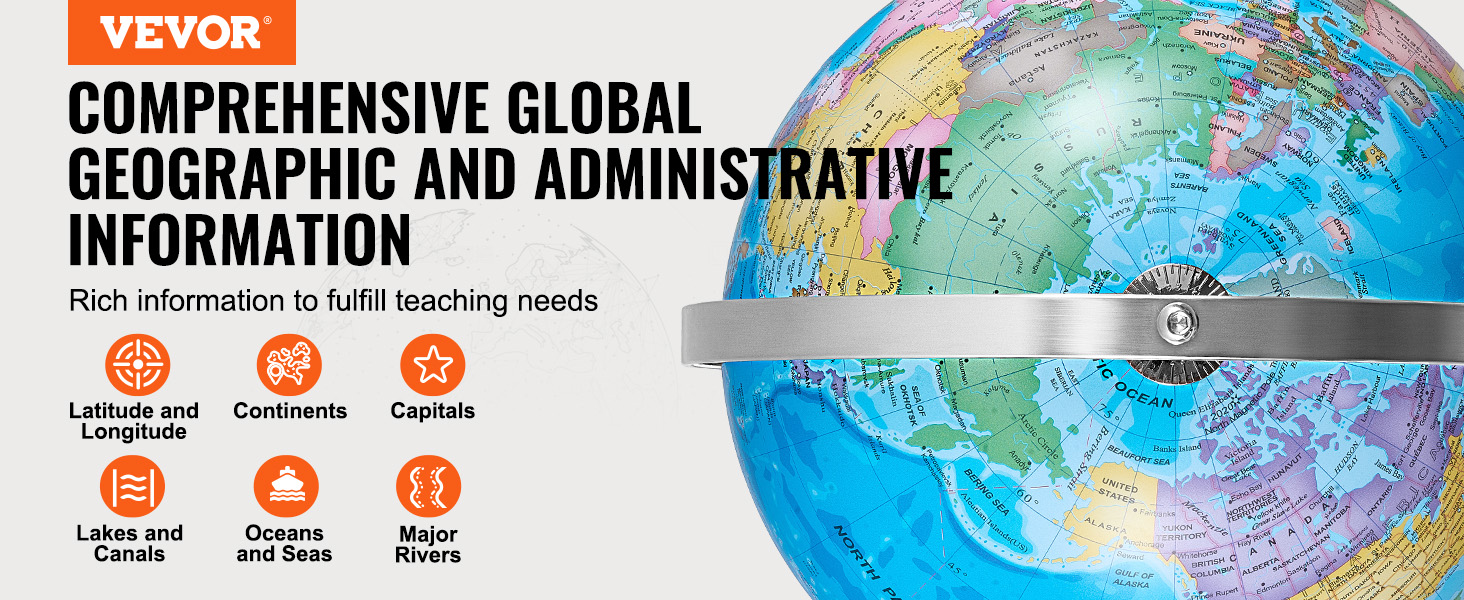 VEVOR illuminated world globe with comprehensive geographic information for teaching, featuring a detailed map.