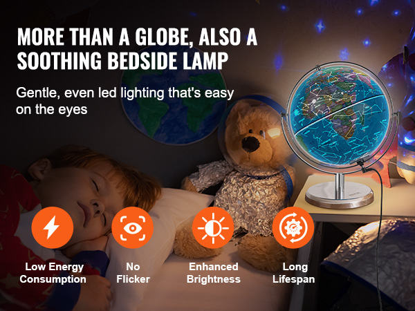 VEVOR illuminated world globe as a bedside lamp, offering gentle led lighting, low energy use, and no flicker.