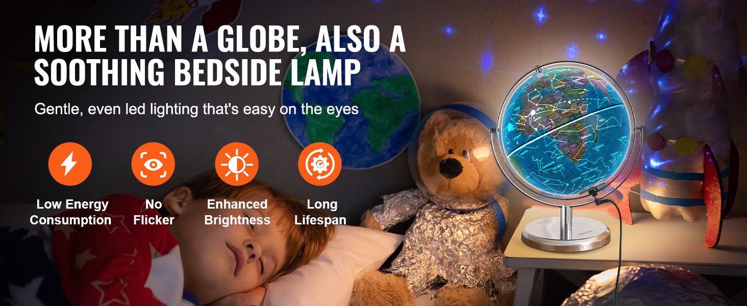 VEVOR illuminated world globe as a bedside lamp, offering gentle led lighting, low energy use, and no flicker.