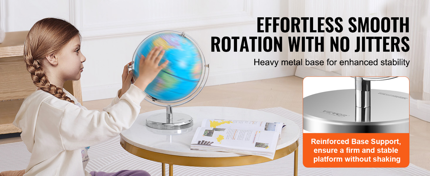 child spinning VEVOR illuminated world globe on a sturdy metal base, with books on a white round table.