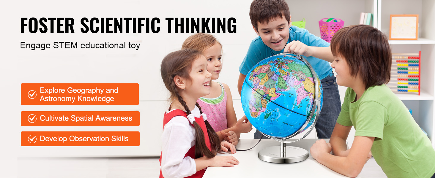 children exploring a VEVOR illuminated world globe to foster scientific thinking and spatial awareness.