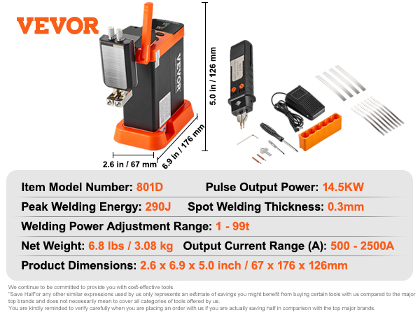 VEVOR battery spot welder 801d, 14.5kw, 290j peak, 0.3mm thickness, accessories, and dimensions.