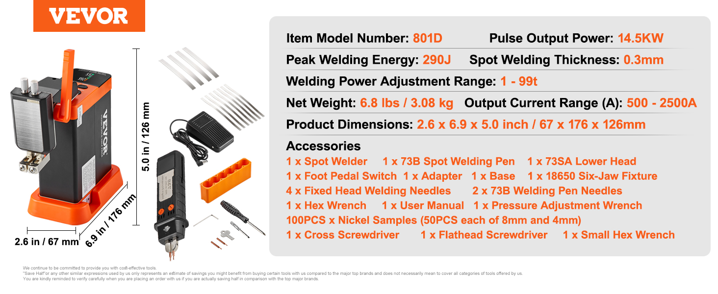 VEVOR battery spot welder 801d, 14.5kw, 290j peak, 0.3mm thickness, accessories, and dimensions.