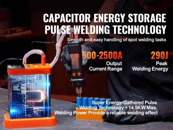 VEVOR battery spot welder with capacitor energy storage, 500-2500a output, 290j peak welding energy.