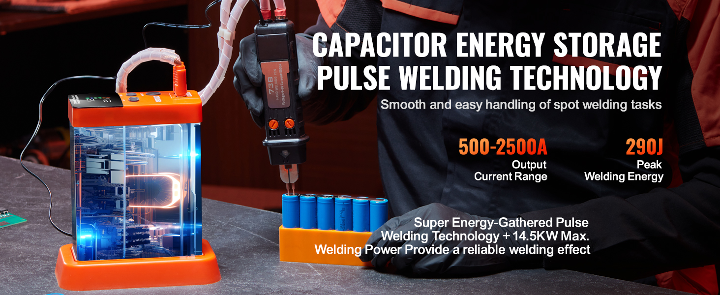 VEVOR battery spot welder with capacitor energy storage, 500-2500a output, 290j peak welding energy.