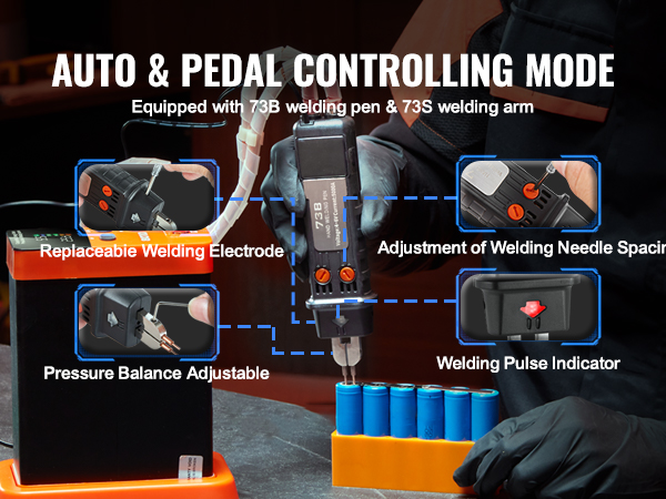 VEVOR battery spot welder with adjustable welding needle spacing, replaceable welding electrode, and auto/pedal control.