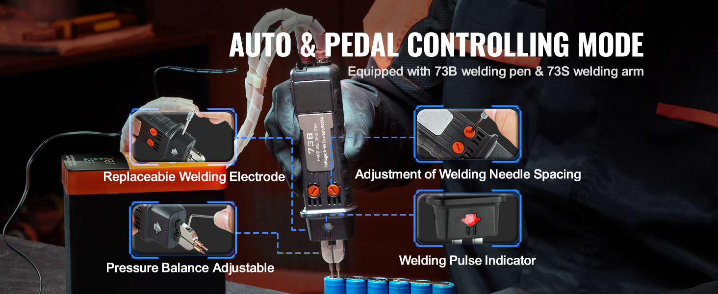 VEVOR battery spot welder with adjustable welding needle spacing, replaceable welding electrode, and auto/pedal control.