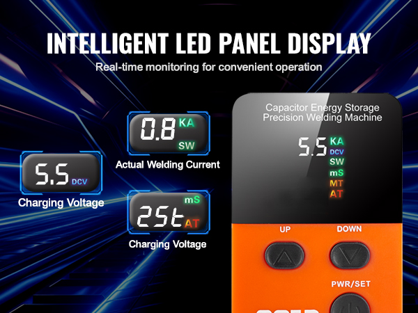 intelligent led panel display of VEVOR battery spot welder with real-time charging voltage and welding current.