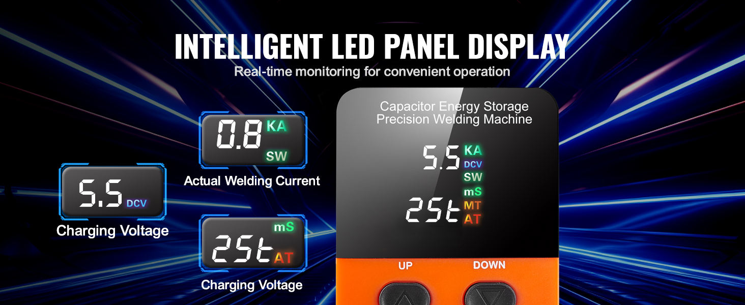 intelligent led panel display of VEVOR battery spot welder with real-time charging voltage and welding current.