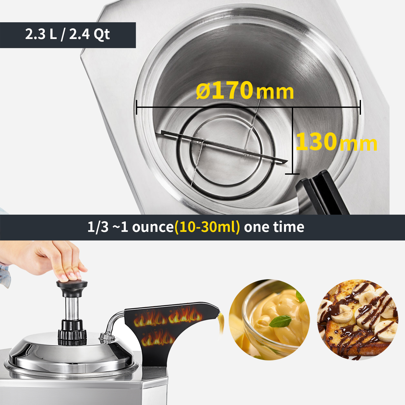 VEVOR siera dozators ar 2,3 l tilpumu, kas izsniedz 10-30 ml uz porciju.