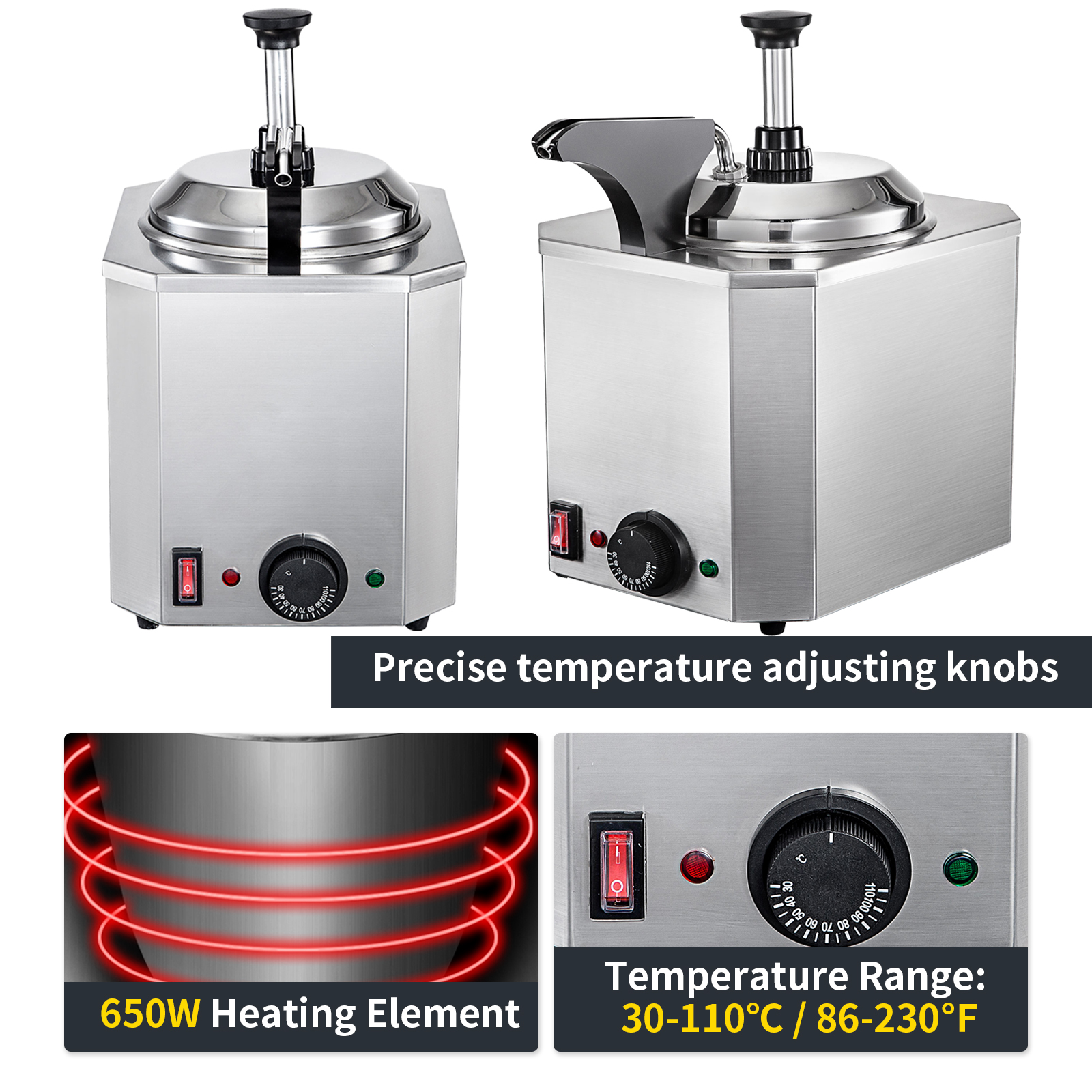 VEVOR siera dozators ar 650 W sildelementu un precīzu temperatūras kontroli.