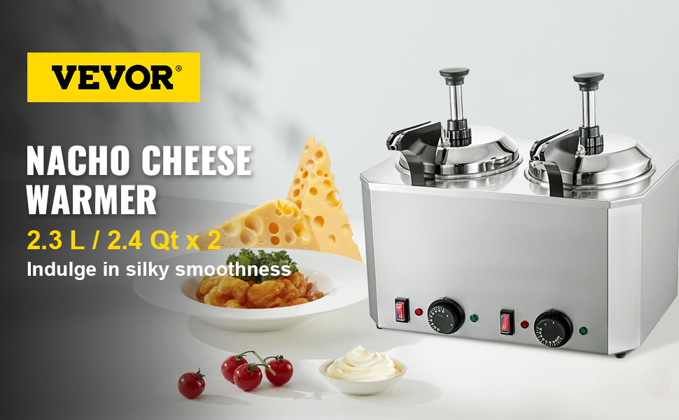 VEVOR cheese warmer with dual pumps, cheese slice, nachos, tomatoes, and sour cream.