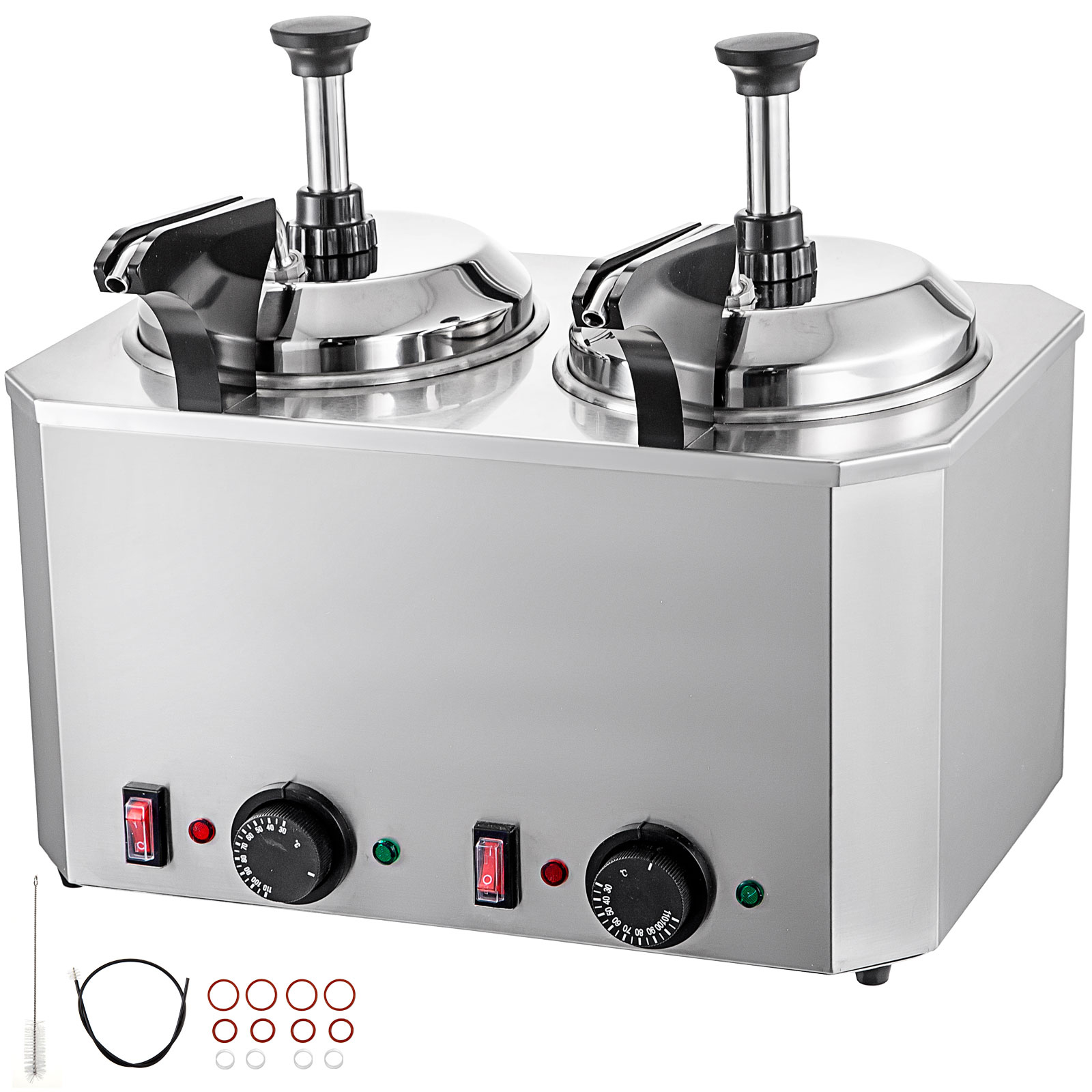 VEVOR cheese warmer with dual pumps and control knobs, including accessories.