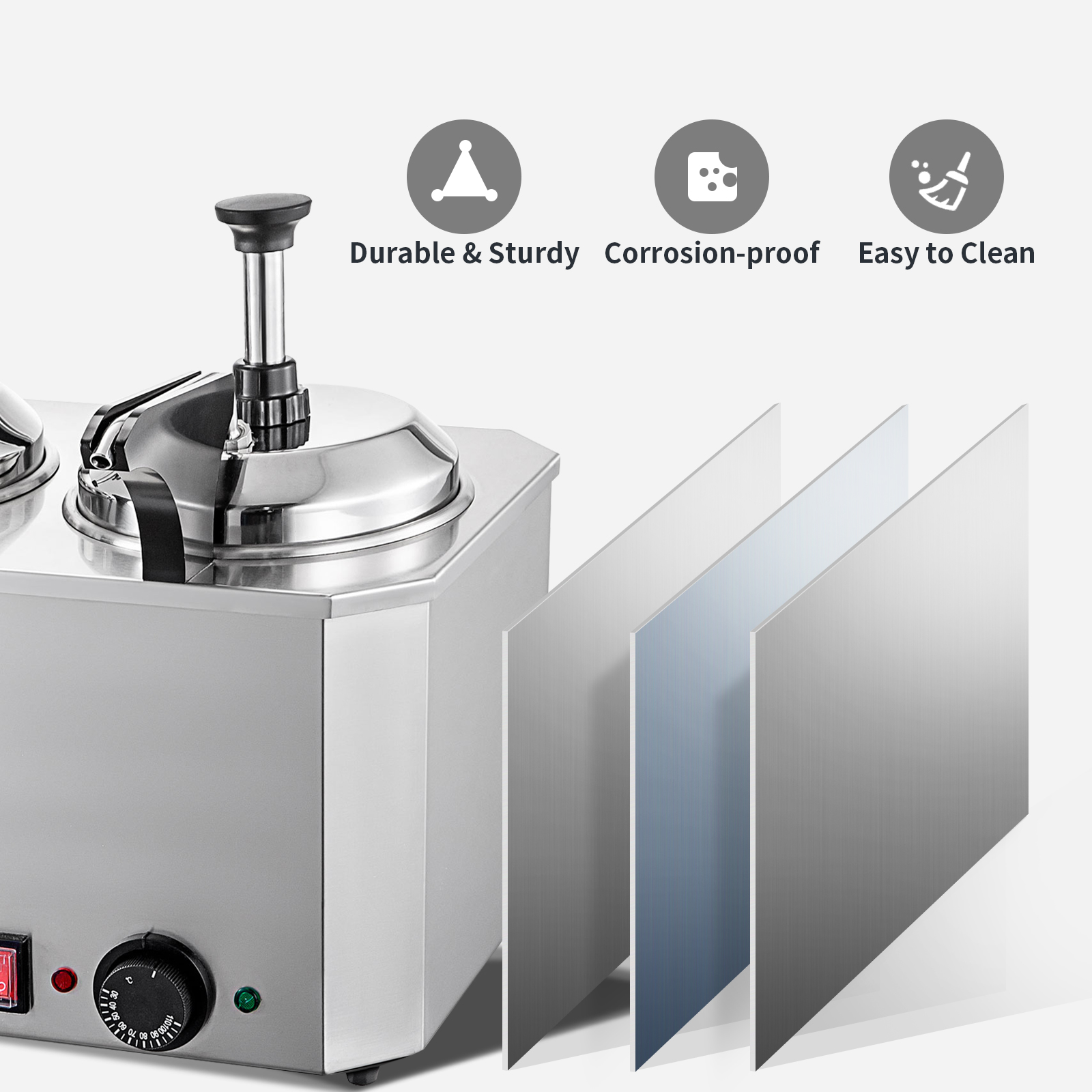 VEVOR cheese warmer with stainless steel build, durable, corrosion-proof, easy to clean.