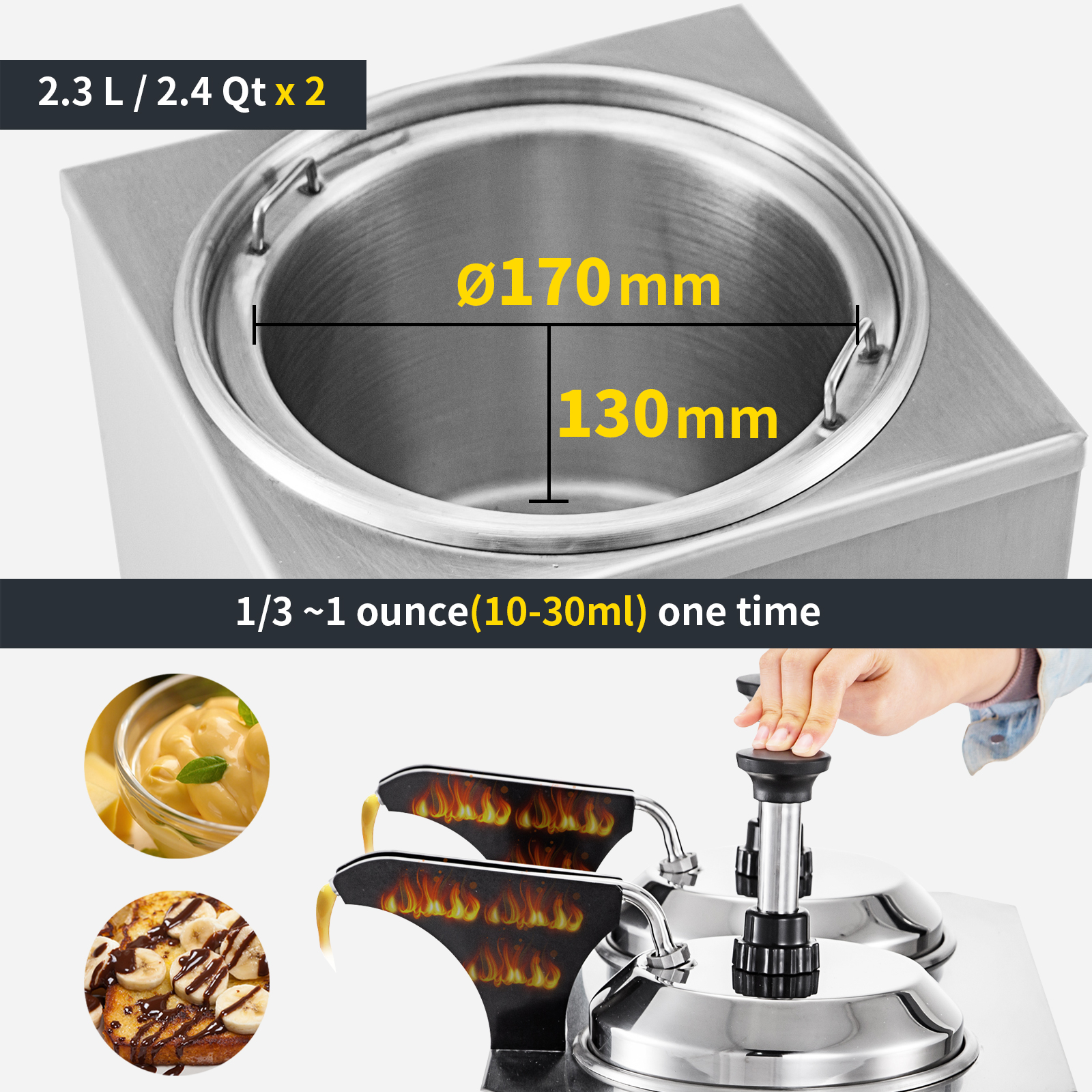 VEVOR cheese warmer, 2.3l/2.4qt capacity, 170mm diameter, 130mm depth.