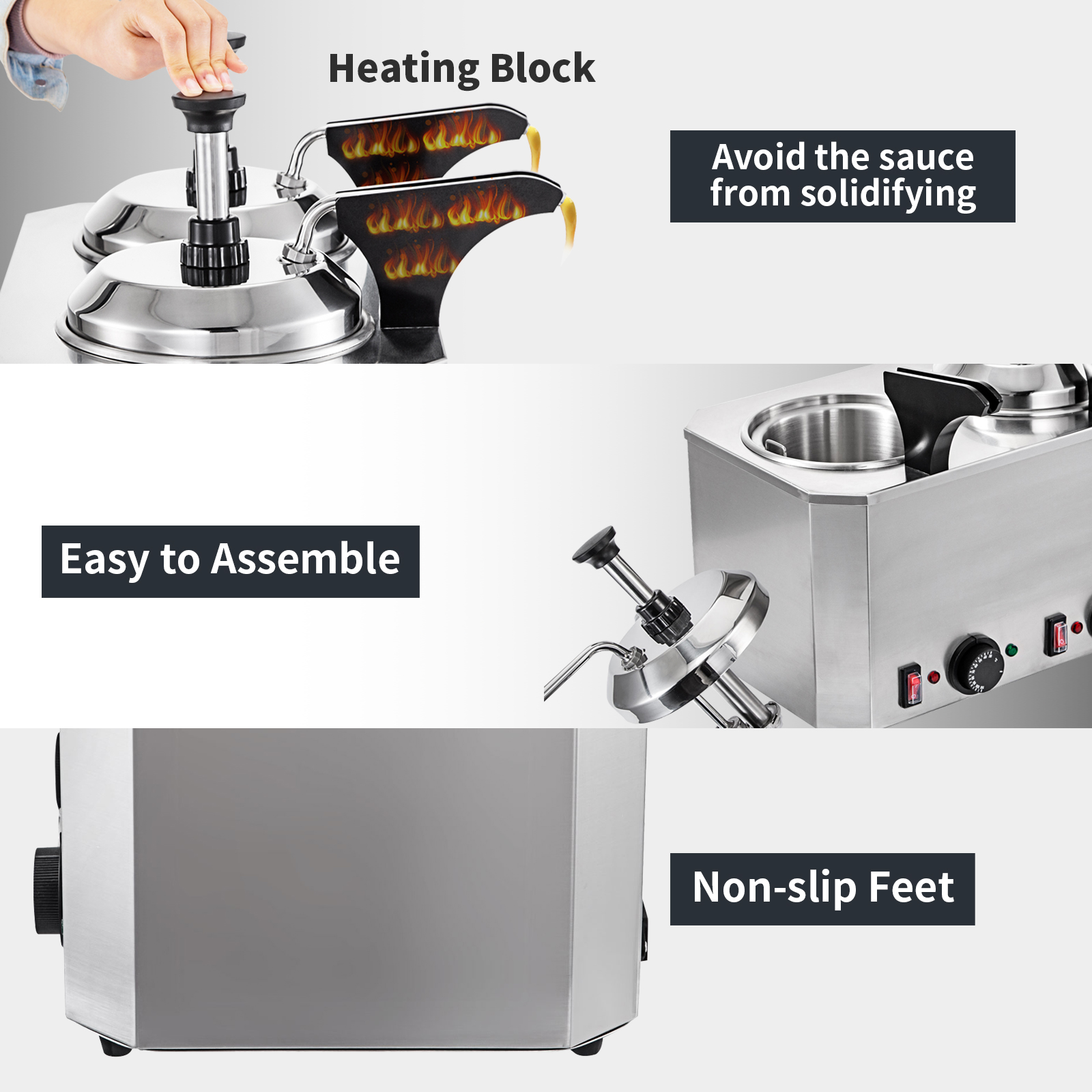 VEVOR cheese warmer with heating block, easy to assemble, non-slip feet.