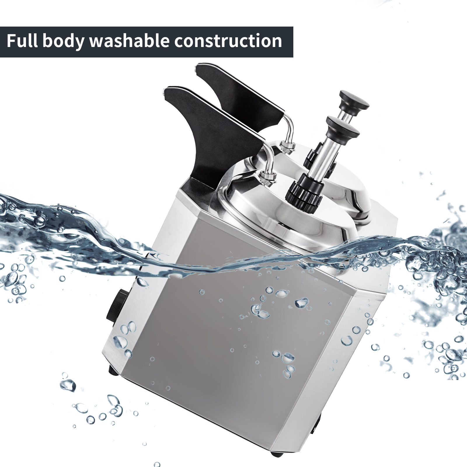 VEVOR cheese warmer with water splash showcasing its full body washable construction.