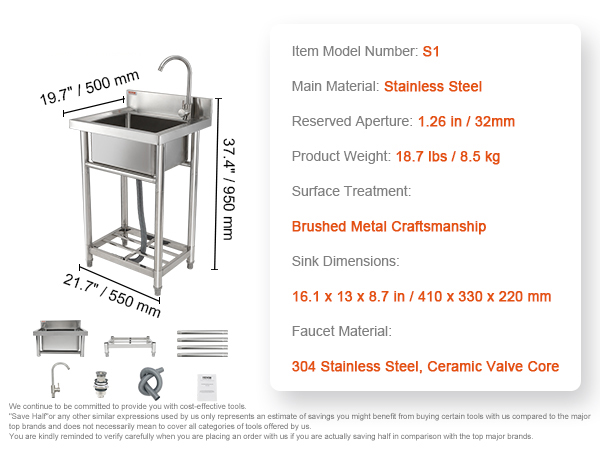 VEVOR stainless steel utility sink with faucet and assembly parts, detailed dimensions and features.