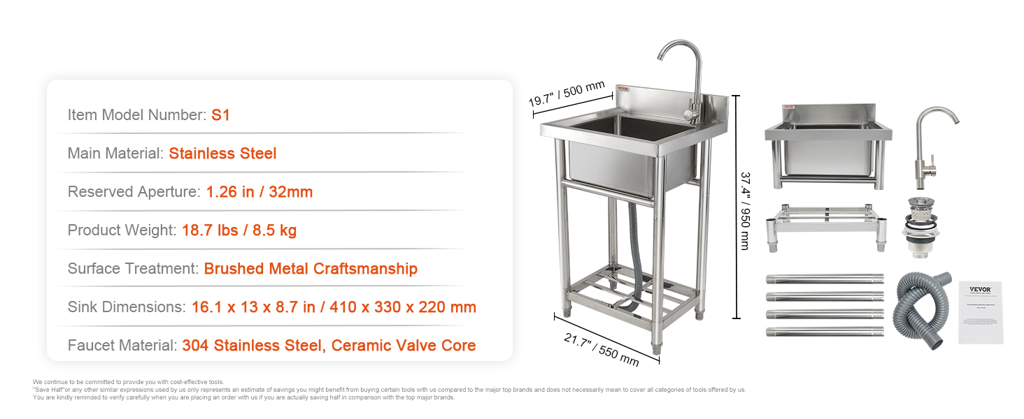 VEVOR stainless steel utility sink with faucet and assembly parts, detailed dimensions and features.