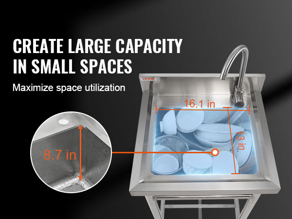 VEVOR stainless steel utility sink with large capacity and dimensions annotated: 16.1x13 inches.