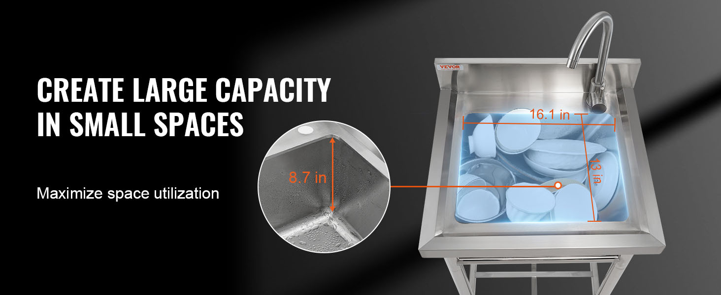 VEVOR stainless steel utility sink with large capacity and dimensions annotated: 16.1x13 inches.
