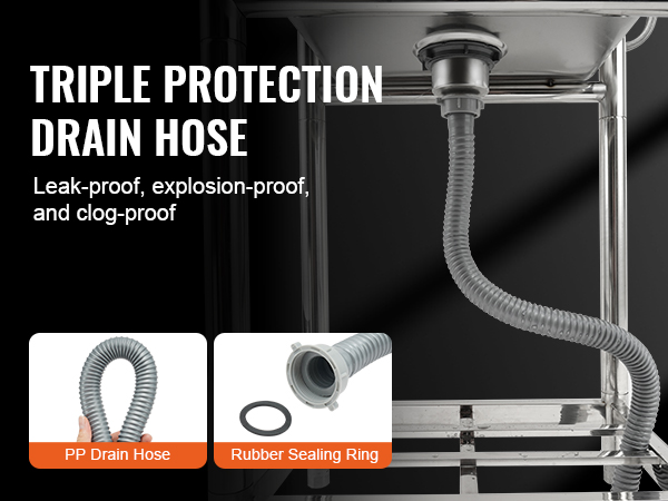VEVOR stainless steel utility sink with triple protection pp drain hose, leak-proof and clog-proof design.