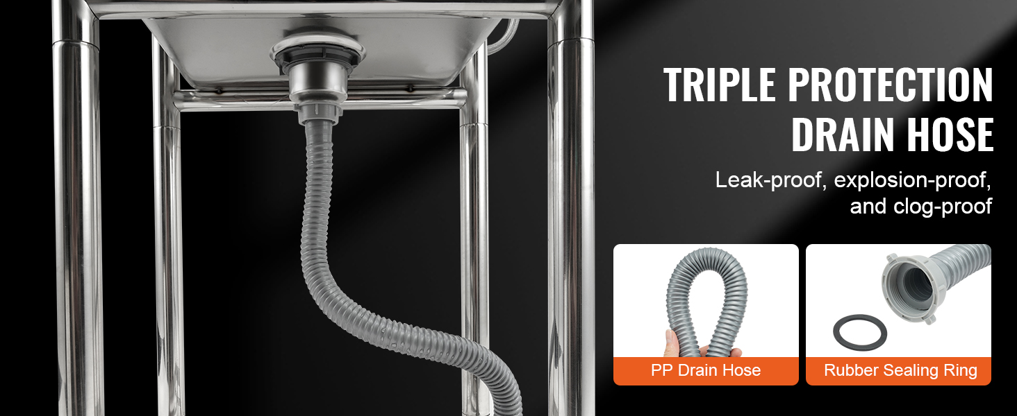 VEVOR stainless steel utility sink with triple protection pp drain hose, leak-proof and clog-proof design.