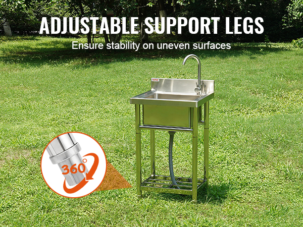 VEVOR stainless steel utility sink with adjustable support legs ensures stability on uneven surfaces.