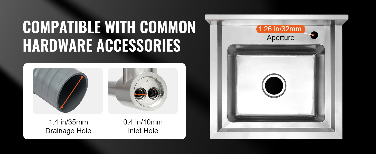 VEVOR stainless steel utility sink showcasing 1.4-inch drainage hole, 0.4-inch inlet hole, and 1.26-inch aperture.