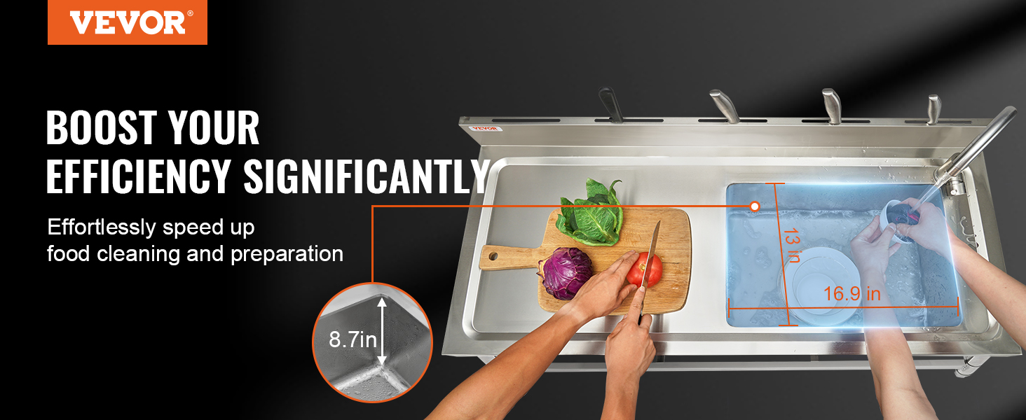 VEVOR commercial kitchen sink in use, showcasing food preparation with dimensions for efficiency.