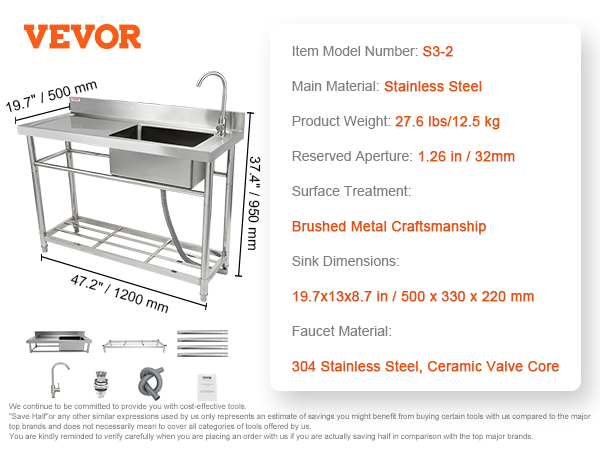 VEVOR stainless steel utility sink with faucet, dimensions, and assembly parts. durable and versatile.