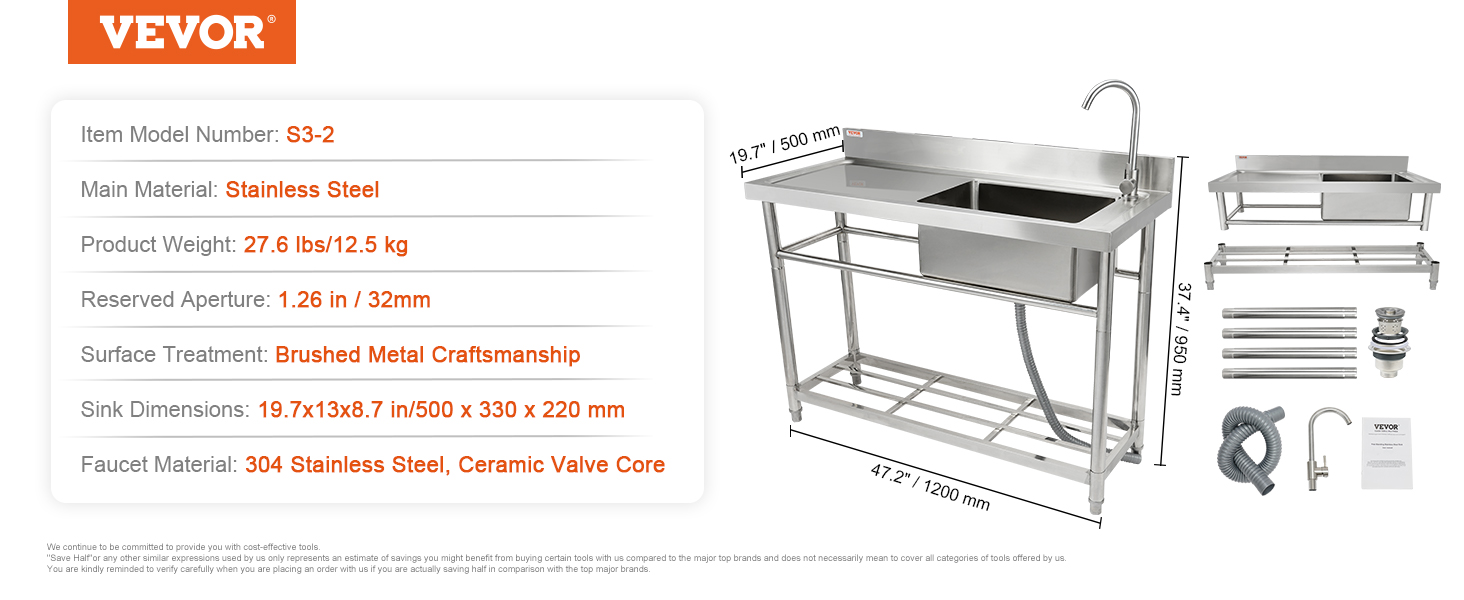 VEVOR stainless steel utility sink with faucet, dimensions, and assembly parts. durable and versatile.