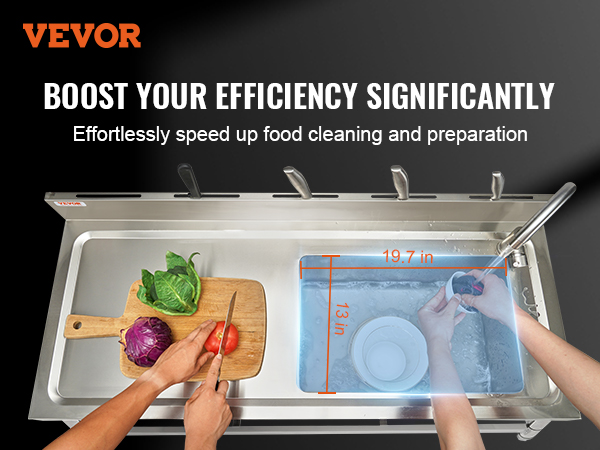 VEVOR stainless steel utility sink with large basin, rinsing dish, and cutting board for food prep.