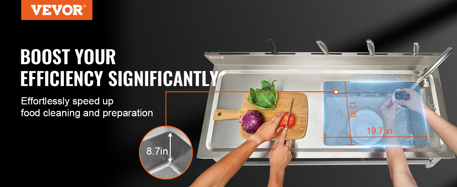 VEVOR stainless steel utility sink with large basin, rinsing dish, and cutting board for food prep.