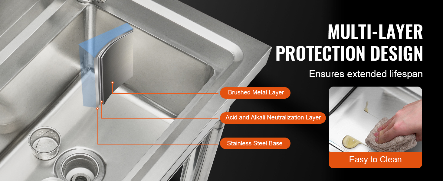 VEVOR stainless steel utility sink with multi-layer protection design featuring brushed metal