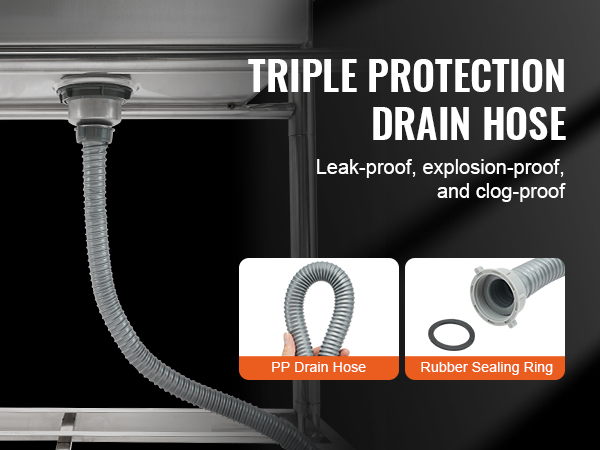 VEVOR stainless steel utility sink with a pp drain hose and rubber sealing ring, offering triple protection.