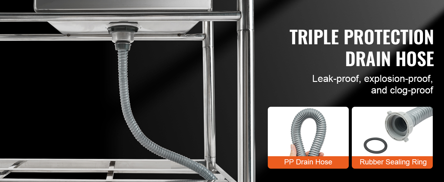 VEVOR stainless steel utility sink with a pp drain hose and rubber sealing ring, offering triple protection.