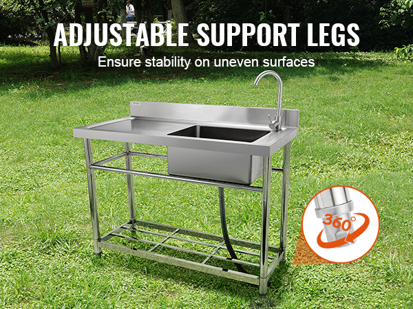 VEVOR stainless steel utility sink with adjustable support legs for stability on uneven surfaces.