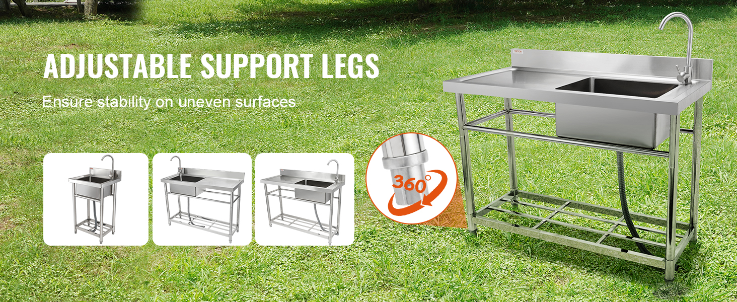 VEVOR stainless steel utility sink with adjustable support legs for stability on uneven surfaces.