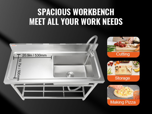 spacious VEVOR stainless steel utility sink with cutting, pizza making, and storage capabilities.
