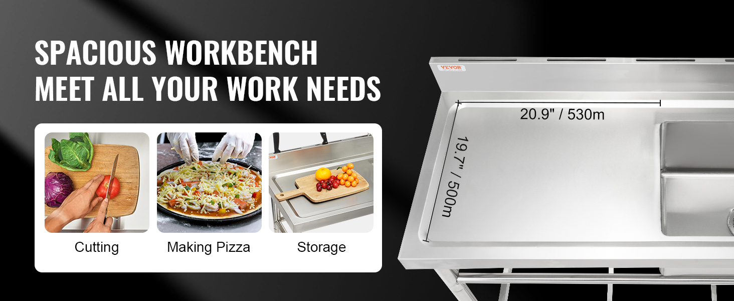 spacious VEVOR stainless steel utility sink with cutting, pizza making, and storage capabilities.