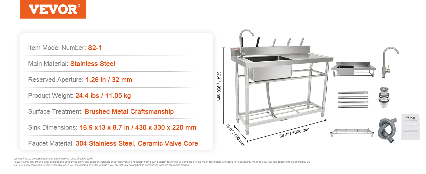 VEVOR stainless steel utility sink with dimensions, installation parts, and specifications on the right.