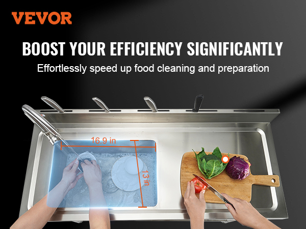 VEVOR stainless steel utility sink with faucet, showcasing dimensions and food preparation area.