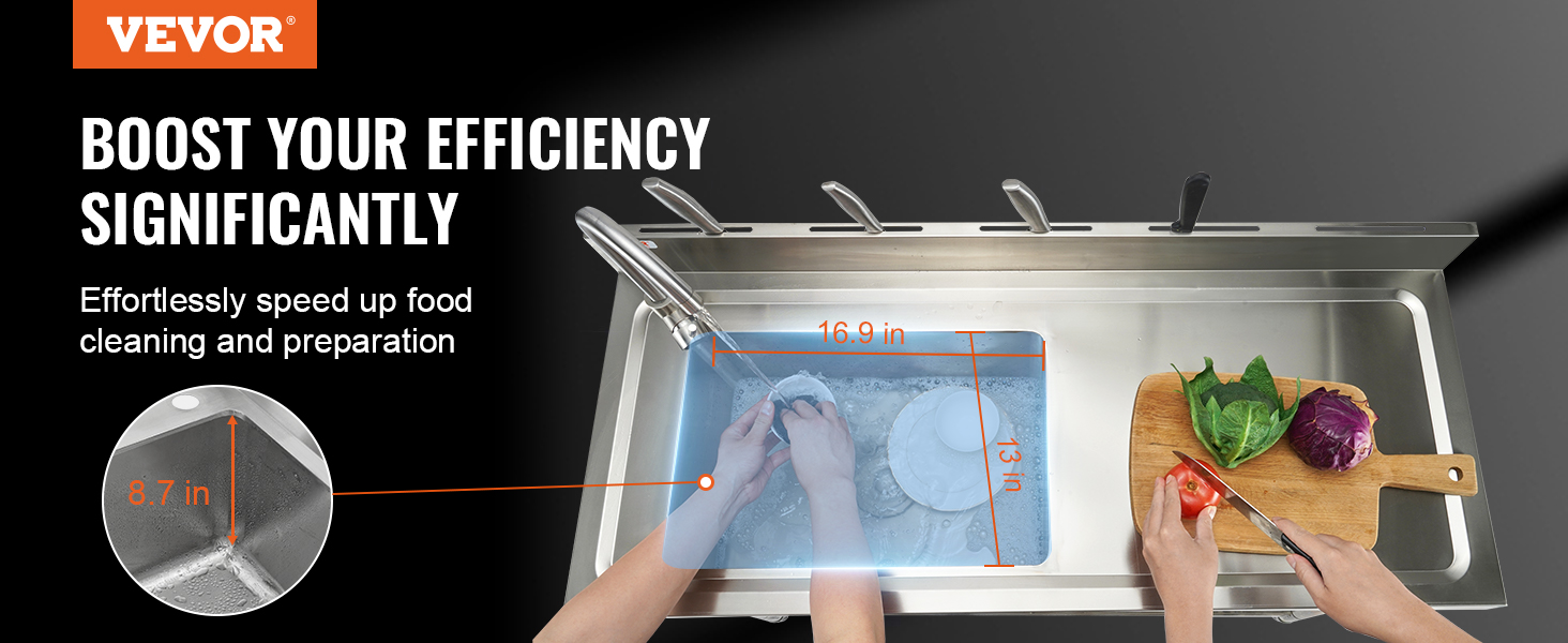 VEVOR stainless steel utility sink with faucet, showcasing dimensions and food preparation area.