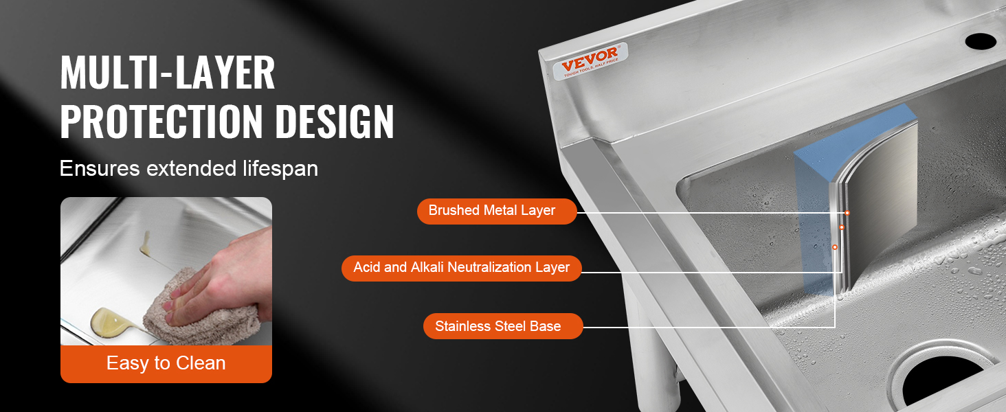 VEVOR stainless steel utility sink with multi-layer protection design ensures long-lasting durability.