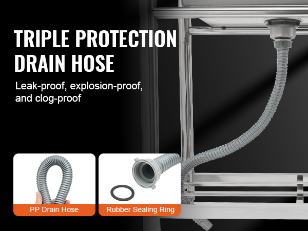 triple protection pp drain hose and rubber sealing ring under VEVOR stainless steel utility sink.