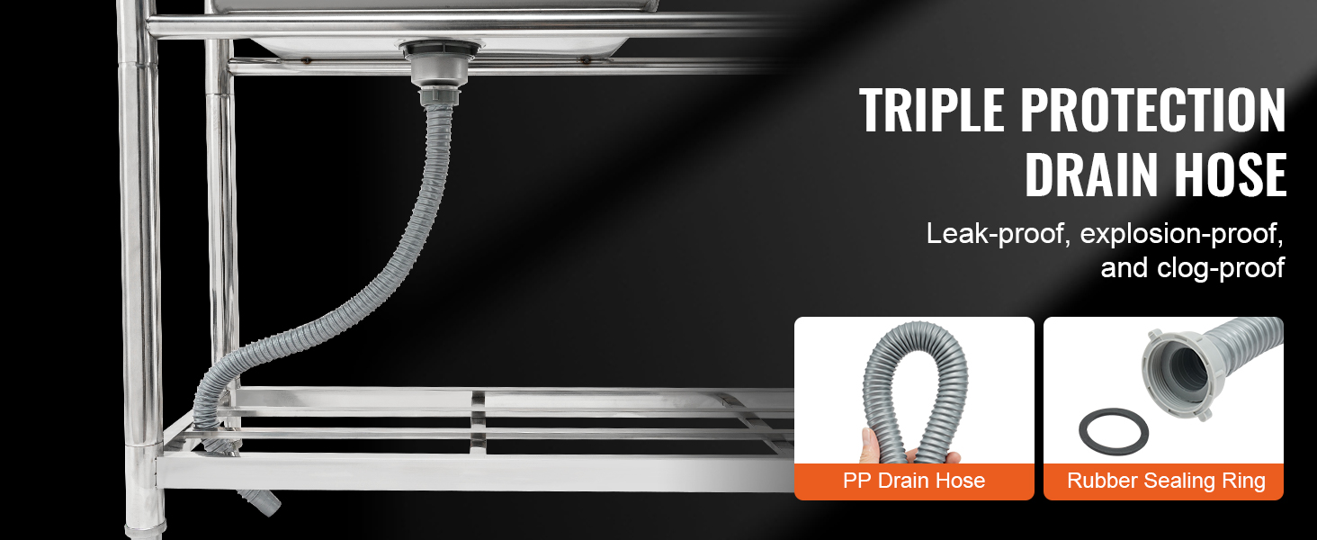 triple protection pp drain hose and rubber sealing ring under VEVOR stainless steel utility sink.