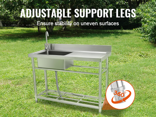 VEVOR stainless steel utility sink with adjustable support legs, ensuring stability on uneven surfaces.