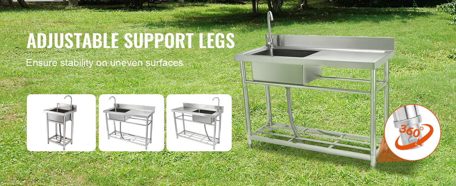 VEVOR stainless steel utility sink with adjustable support legs, ensuring stability on uneven surfaces.